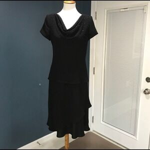 Evening Black Beaded Cowl Neck Top & Tiered Midi Skirt 2-Piece Set Size 10 EUC